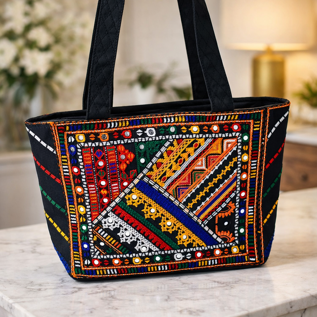 Antique Style Front-Back Multi Embroidery Tokri Handbag (Large Size)