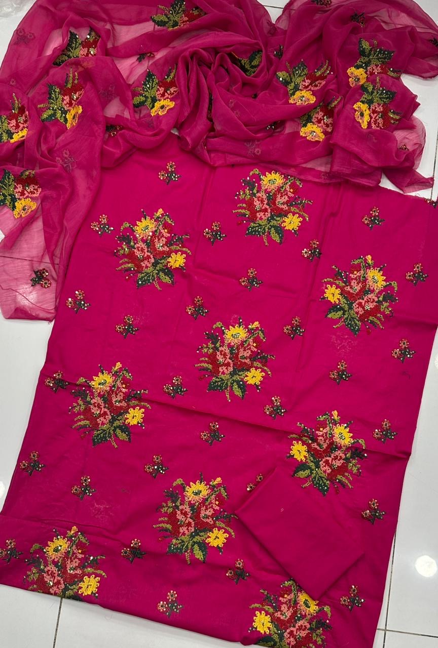 Cross Stitch Embroidery With Sequence Sitara Work 3pc Dress 👗