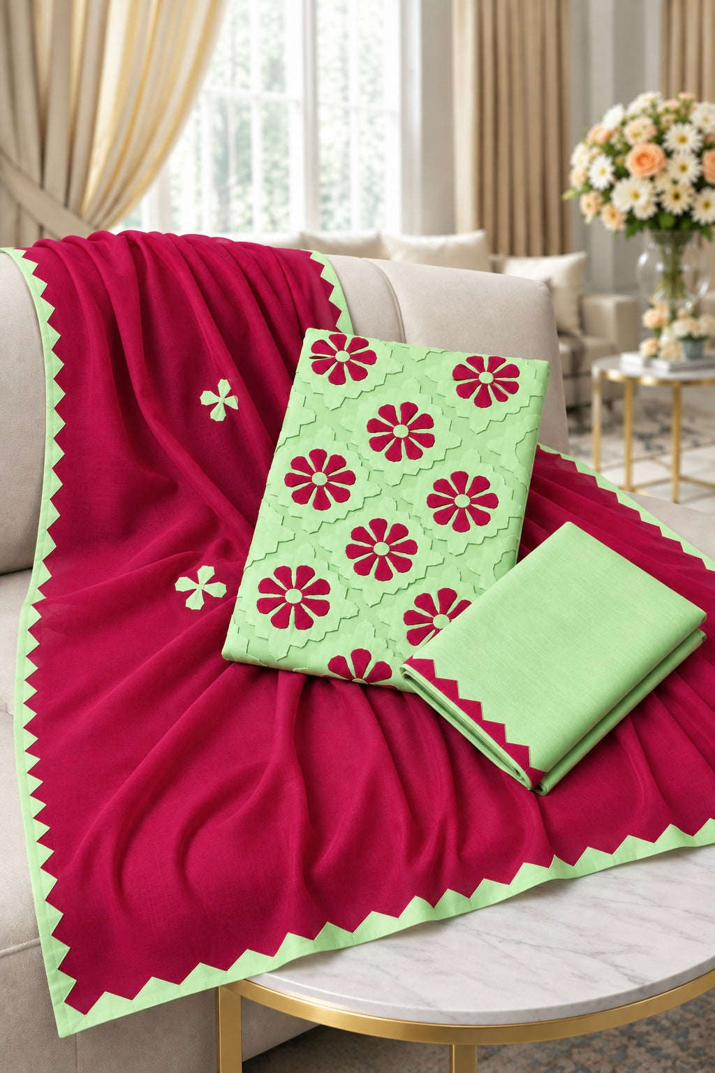 Handcrafted Soft Cotton Applique Work 3-Piece Unstitched Dress with Net Front Panel & Chiffon Dupatta