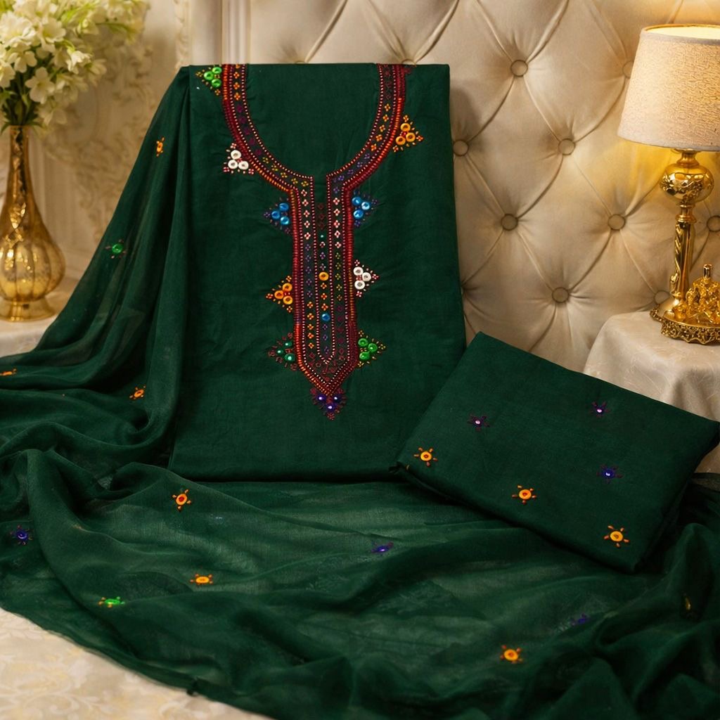 Balochi Gala Handwork 3-Piece Suit | Original Mirror Work | Soft Cotton & Chiffon Dupatta
