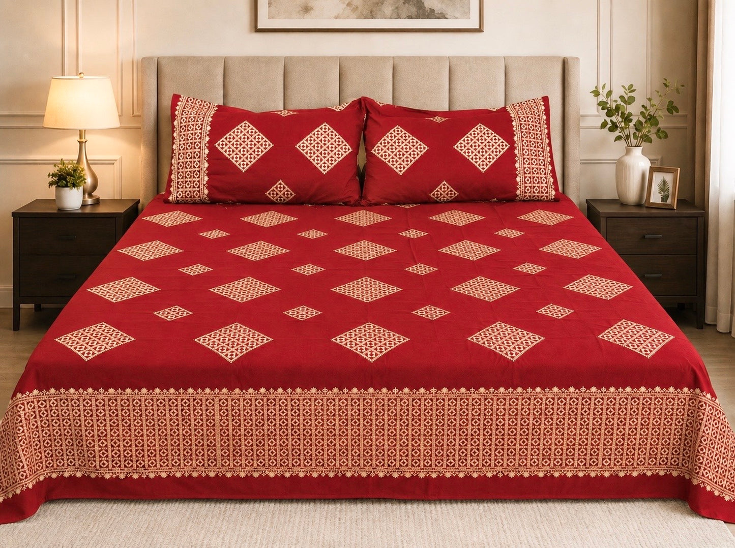 King Size Sindhi Hurmuch Heavy Embroidery Cotton Fabric Double Bed Bedsheet With Two Stitched Pillow Covers