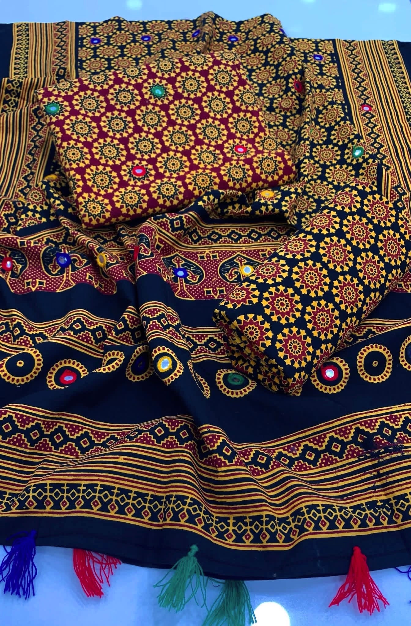 Ajrak Block Print Cotton 3-Piece Suit with Multi Sitara Foil Work – Hand-Dyed Traditional Elegance