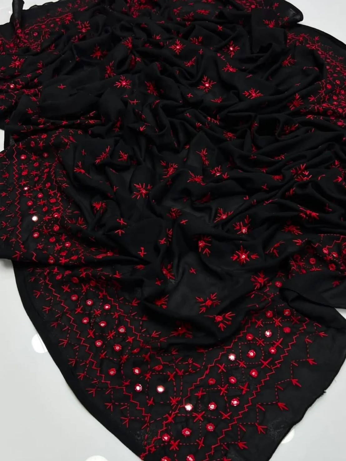 Swiss Lawn Fabric Handmade Original Mirror Work Full Jaal 4 Side Border Shawl for Women