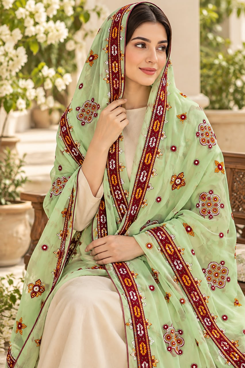 Crinkle Chiffon Balochi Four Panel Thick Thread Sitara Embroidery Chaddar