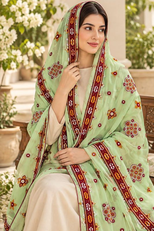 Crinkle Chiffon Balochi Four Panel Thick Thread Sitara Embroidery Chaddar