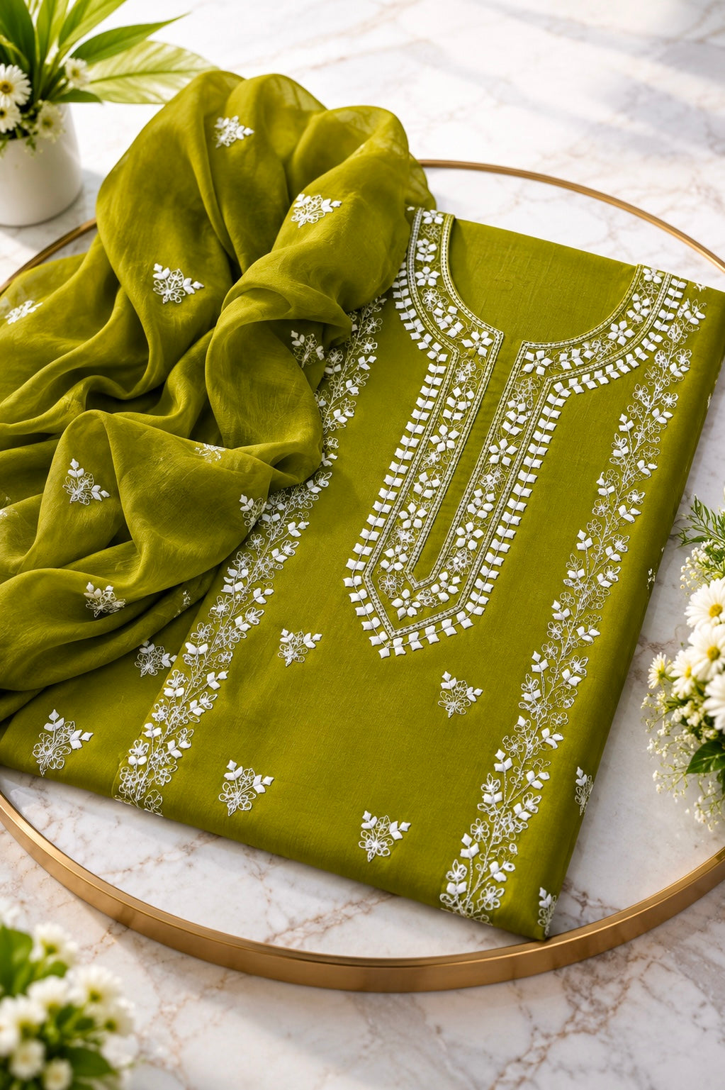 Handmade Applique Leaf, Zari & Pearl Work Lawn Fabric With Chiffon Dupatta 3PC Dress