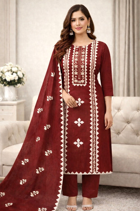 Elegant Handmade Applic Work Embroidery Lawn Cotton with Chiffon Dupatta - Unstitch 3PC Dress 👗