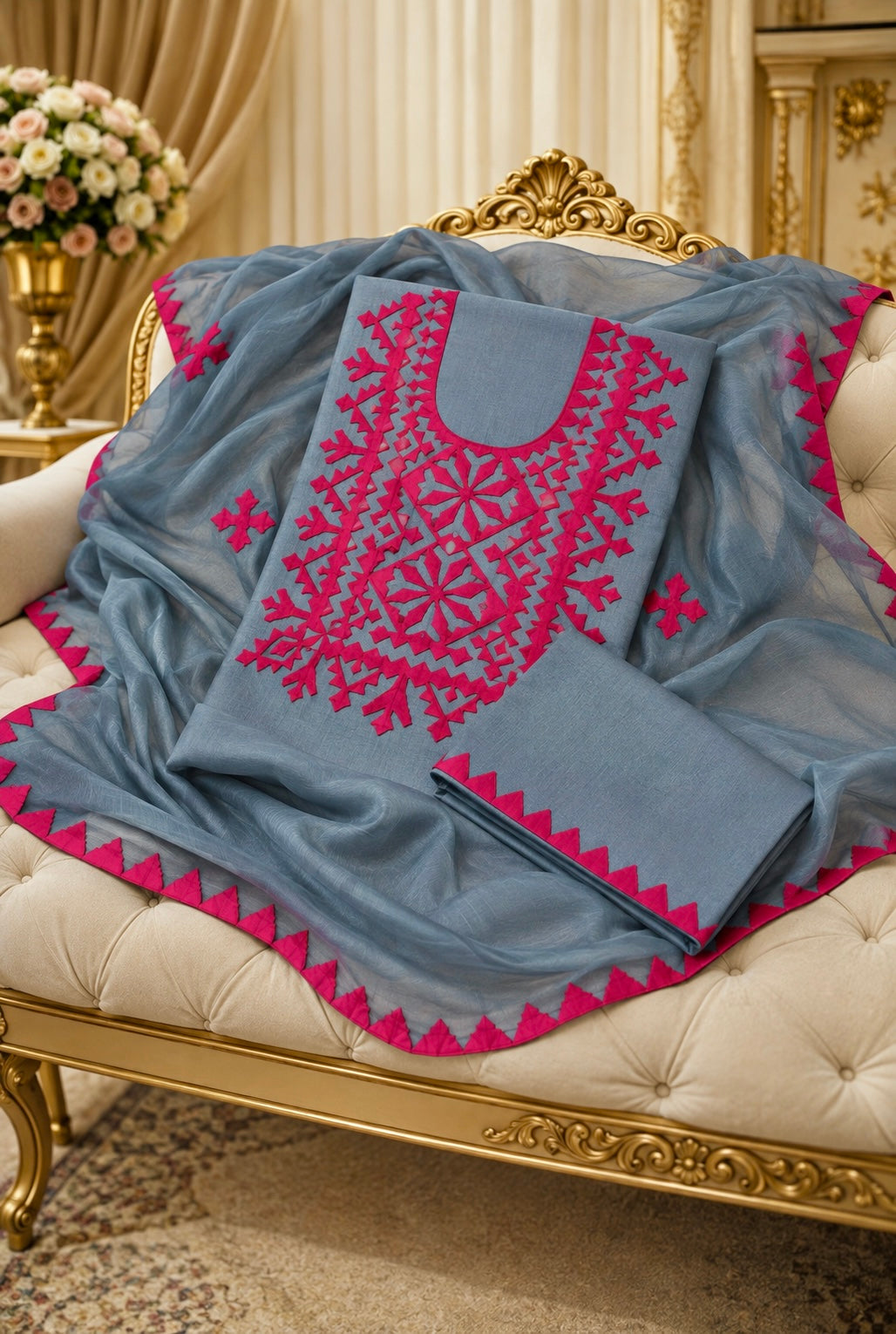 Pure Fancy Handmade Applique Work Soft Cotton Suit with Chiffon Dupatta – 3 Piece Unstitched Dress 👗