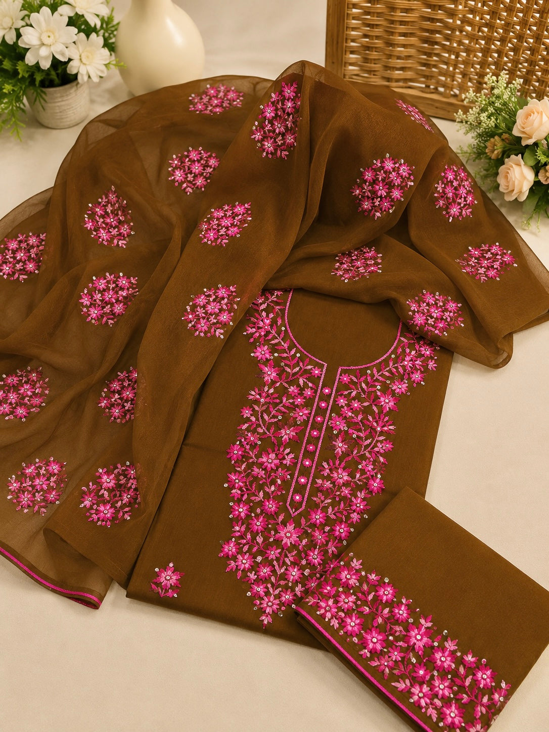 3MM Sitara Two-Tone Thick Thread Machine Embroidered Soft Cotton with Chiffon Dupatta - 3PC Unstitch Dress 👗