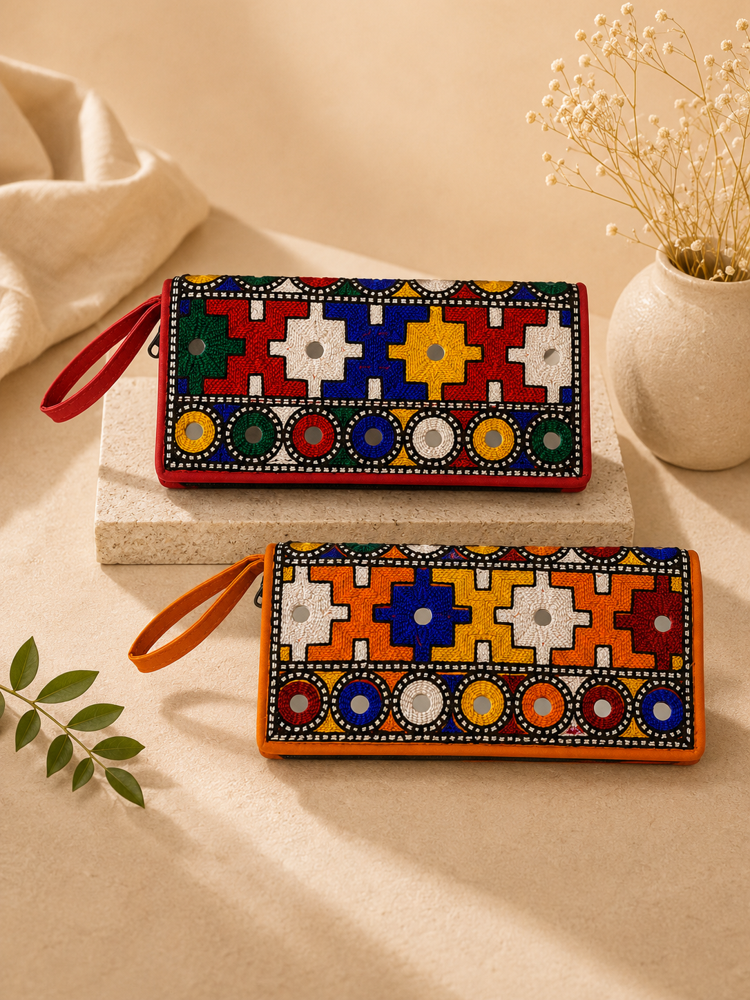 Traditional Multi-Aari Sitara Embroidered Mobile & Cash Clutches for Women (Pack of 2)