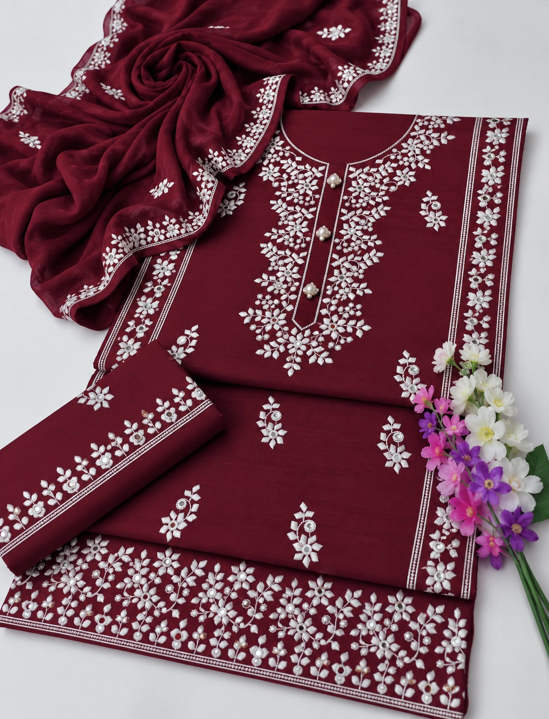 Applic Patti Style Sitara Embroidered Soft Cotton Shirt & Trouser with Chiffon Embroidered Dupatta - 3PC Unstitch Dress 👗