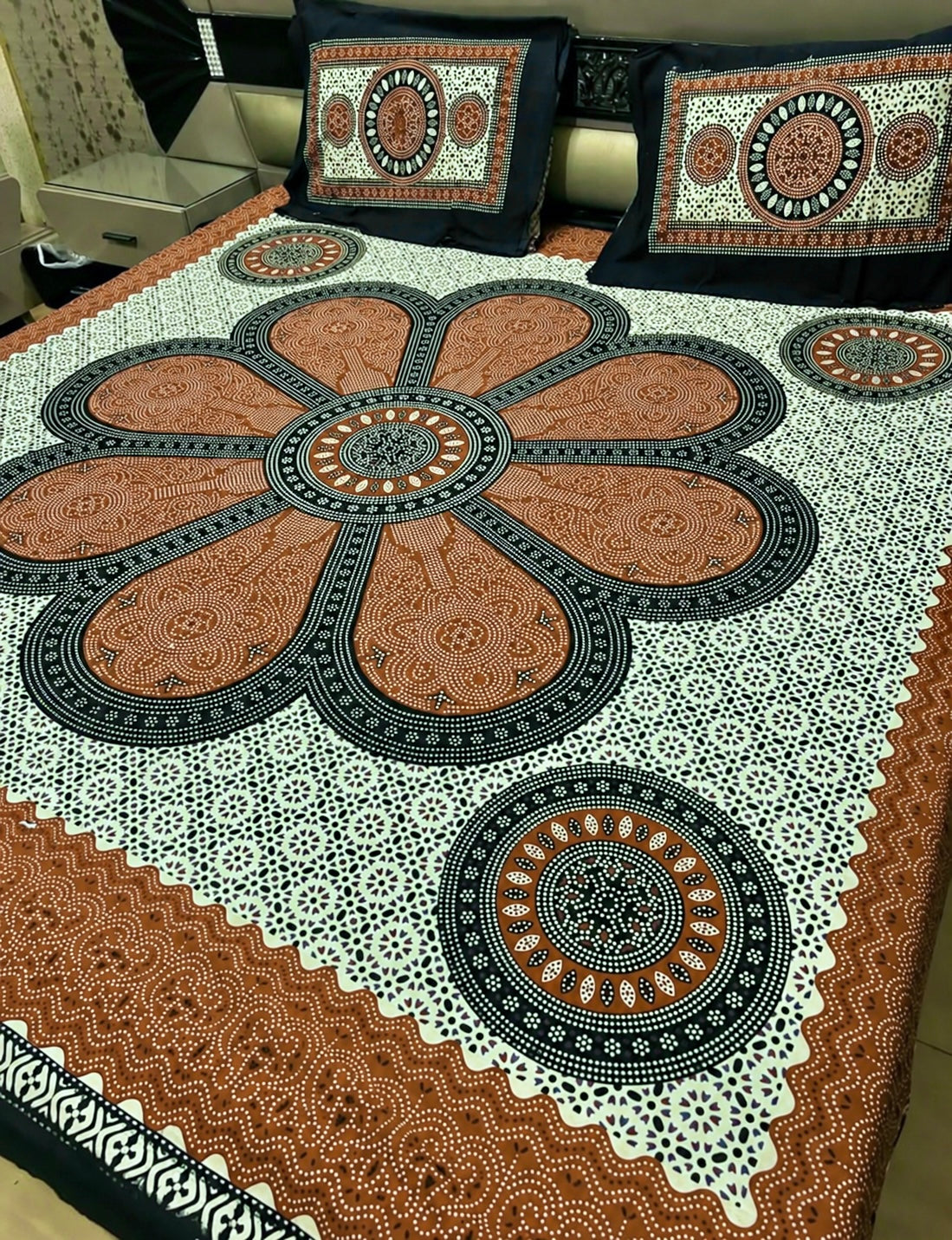 King Size Ajrak Block Hand Print Cotton Stuff Bedsheet Set with 2 Unstitched Pillow Covers