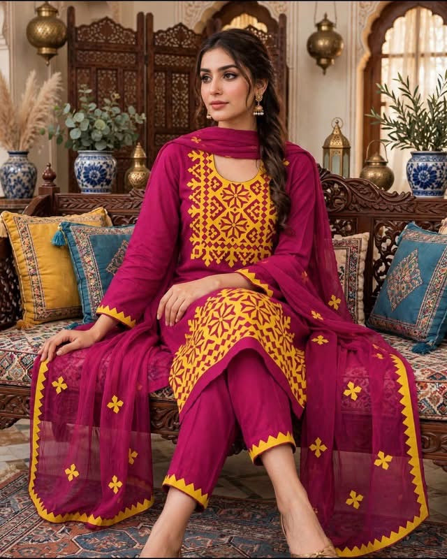 Pure Fancy Handmade Applique Work Soft Cotton Suit with Chiffon Dupatta – 3 Piece Unstitched Dress 👗