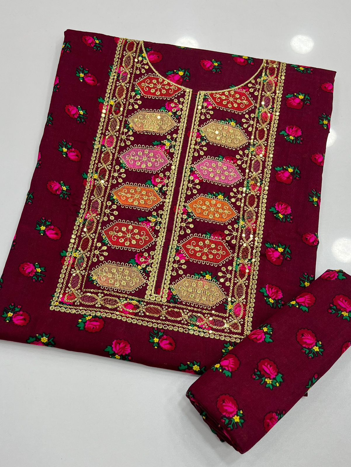 Acrylic Marina Floral Printed 2 Piece Unstitched Suit with Sequence Sitara Work Embroidery