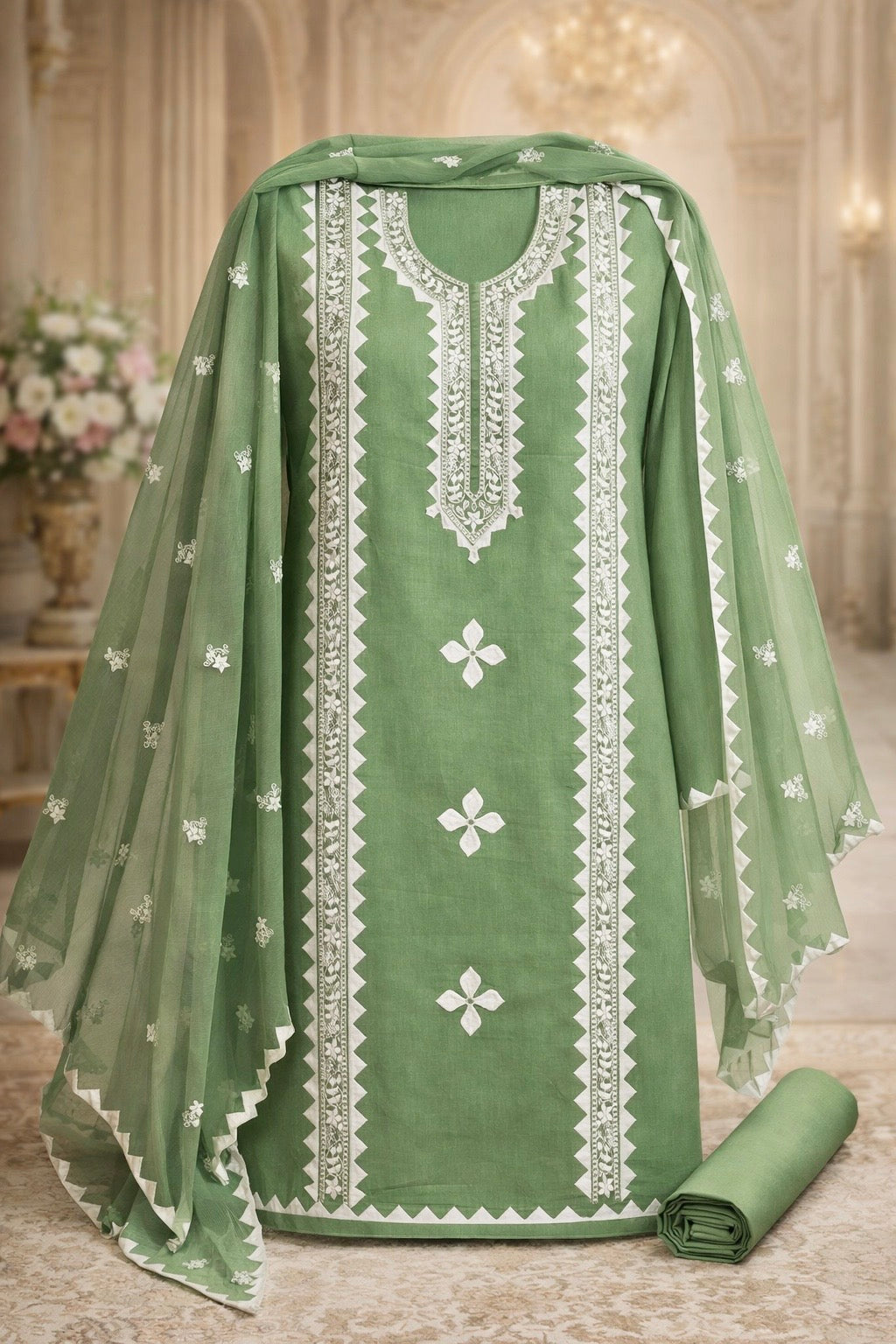 Applique Handmade Thick Thread 3mm Sequence Sitara Embroidery Lawn Cotton with Chiffon Dupatta - 3PC Unstitch Dress 👗