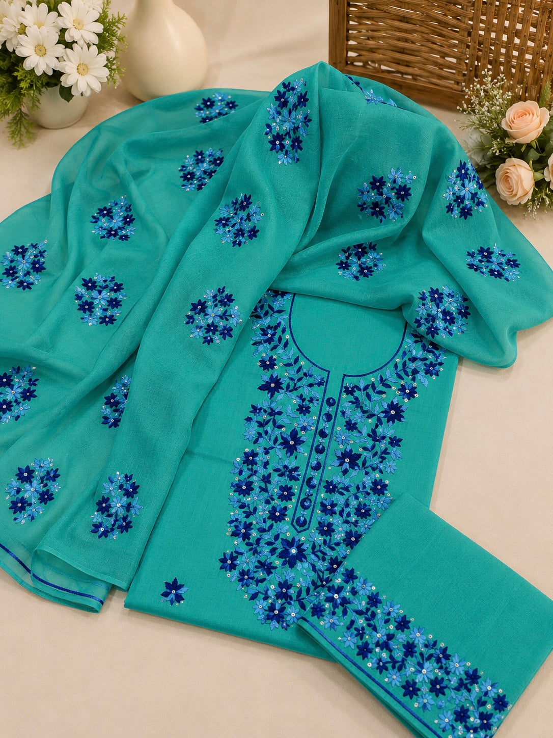 3MM Sitara Two-Tone Thick Thread Machine Embroidered Soft Cotton with Chiffon Dupatta - 3PC Unstitch Dress 👗