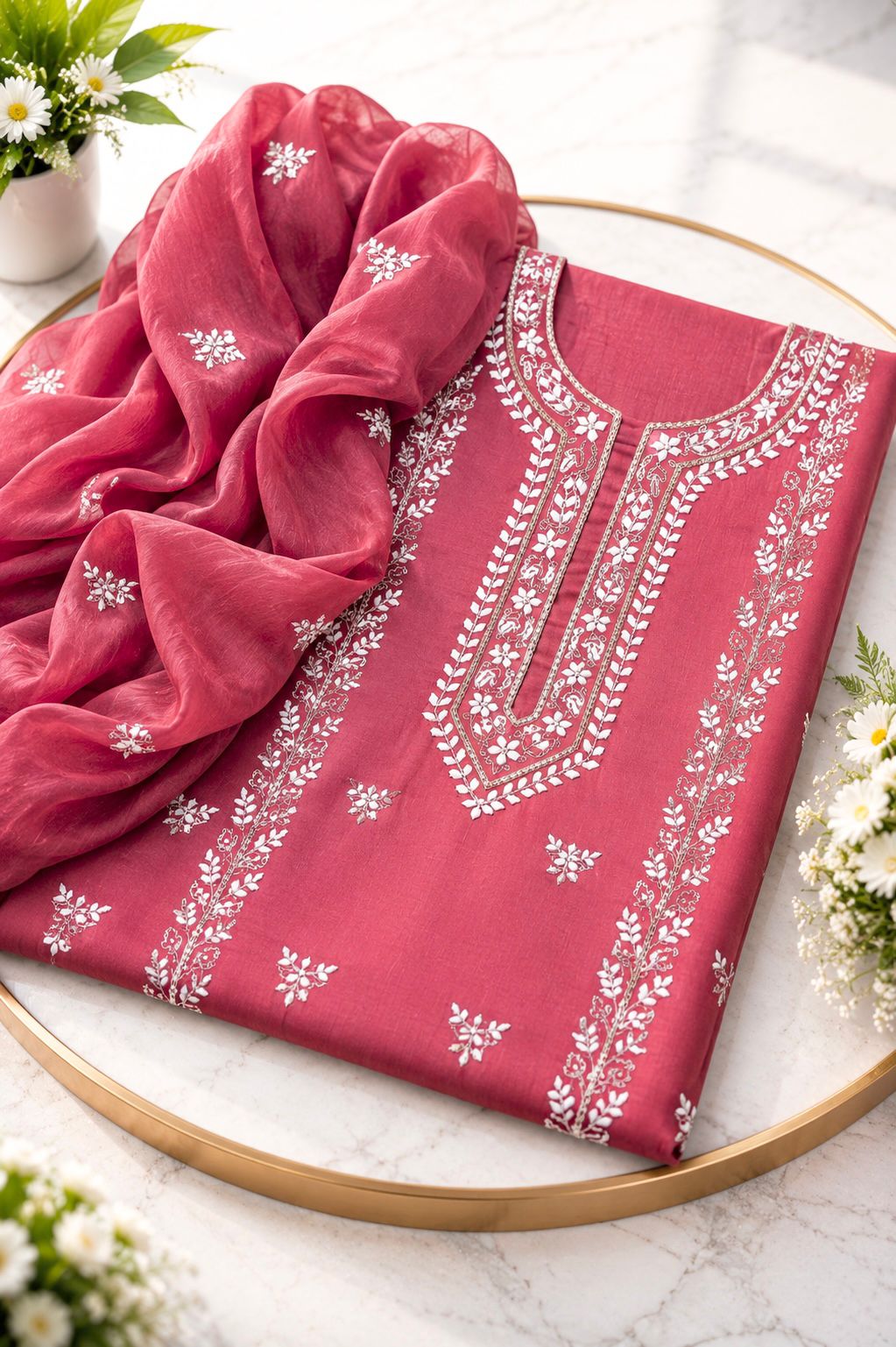 Handmade Applique Leaf, Zari & Pearl Work Lawn Fabric With Chiffon Dupatta 3PC Dress