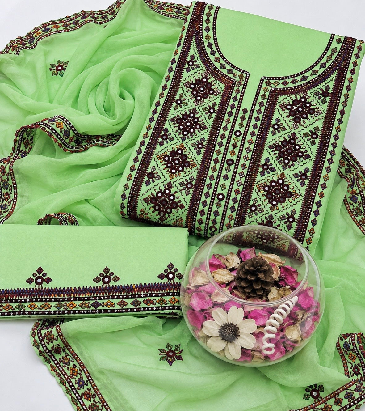 Balochi Handmade Mirror Work Soft Cotton Fabric Shirt & Trouser with Chiffon Dupatta | 3PC Unstitch Dress 👗