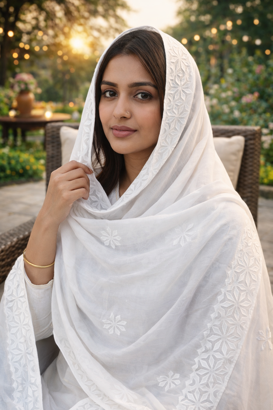 Handmade White Applique Work Swiss Voile Long Size Chadar