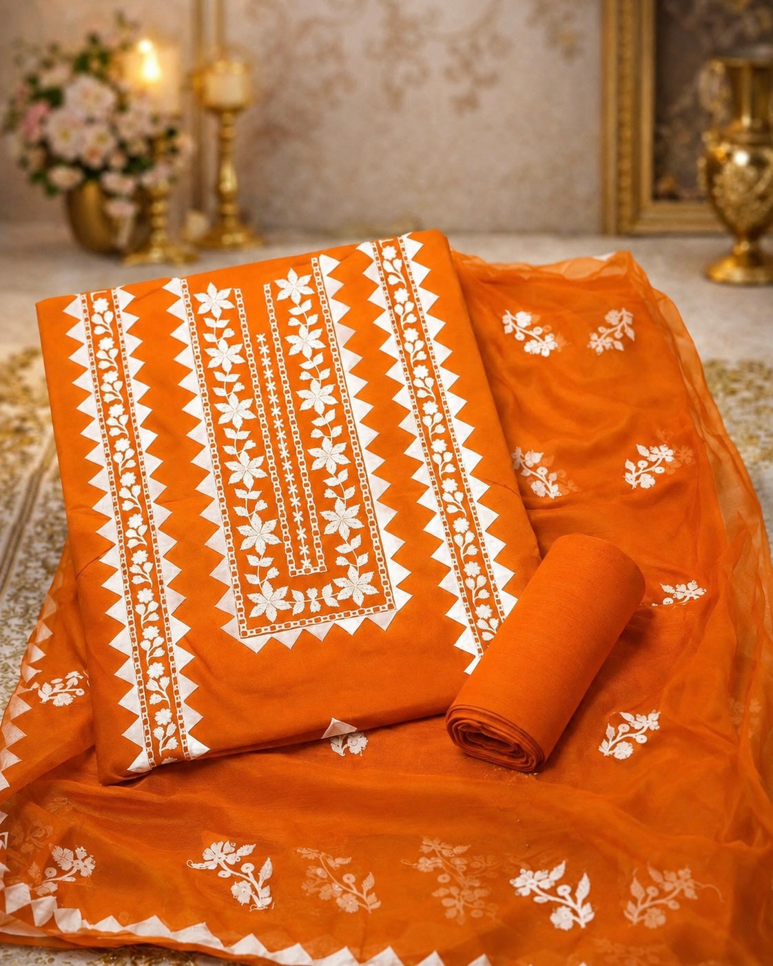 Handmade Applic Work with Thick Thread Embroidery Soft Cotton with Chiffon Dupatta - Unstitch 3PC Dress 👗