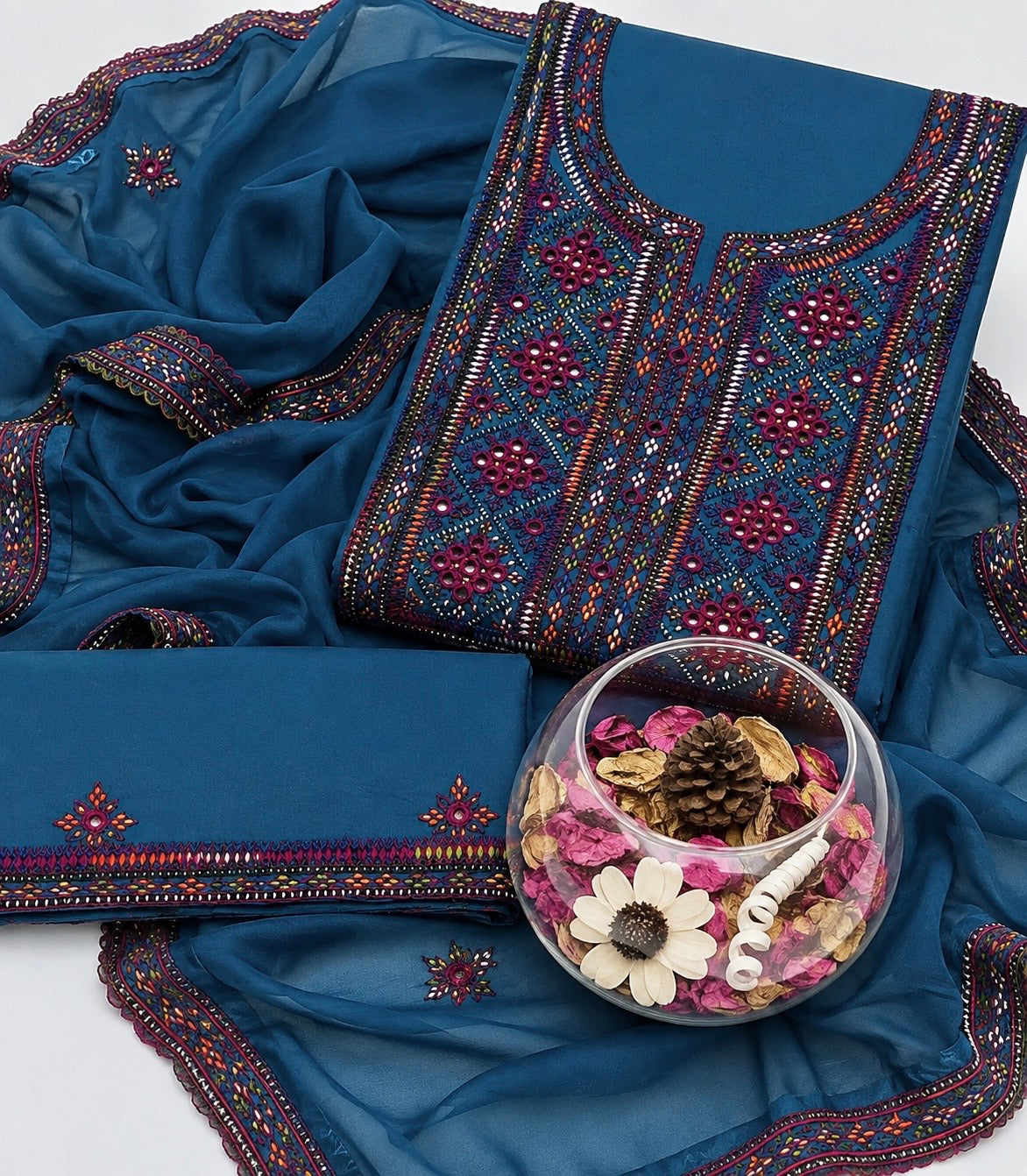 Balochi Handmade Mirror Work Soft Cotton Fabric Shirt & Trouser with Chiffon Dupatta | 3PC Unstitch Dress 👗