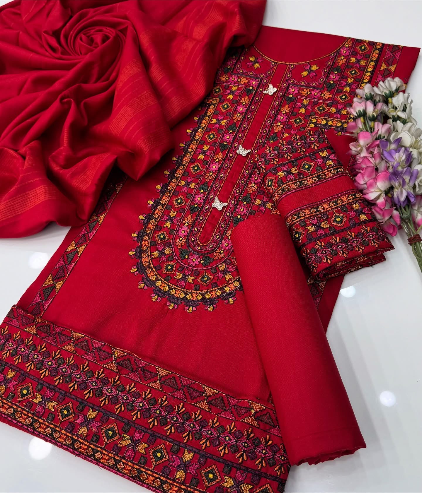 Balochi Multi Embroidered Dhanak Winter Dress – 3 Piece Suit