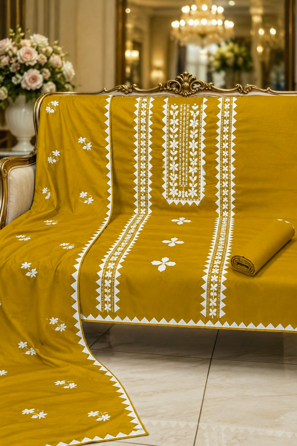Handmade Applic Work with Thick Thread Embroidery Soft Cotton with Chiffon Dupatta - Unstitch 3PC Dress 👗