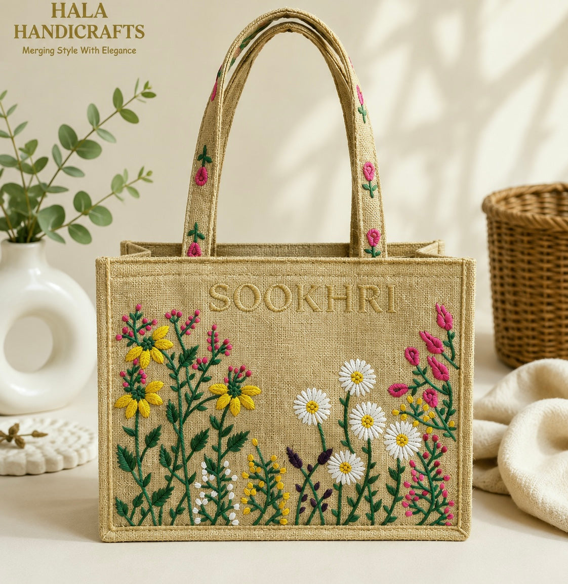 Floral Embroidered Jute Fabric Tote Bag – Medium Size