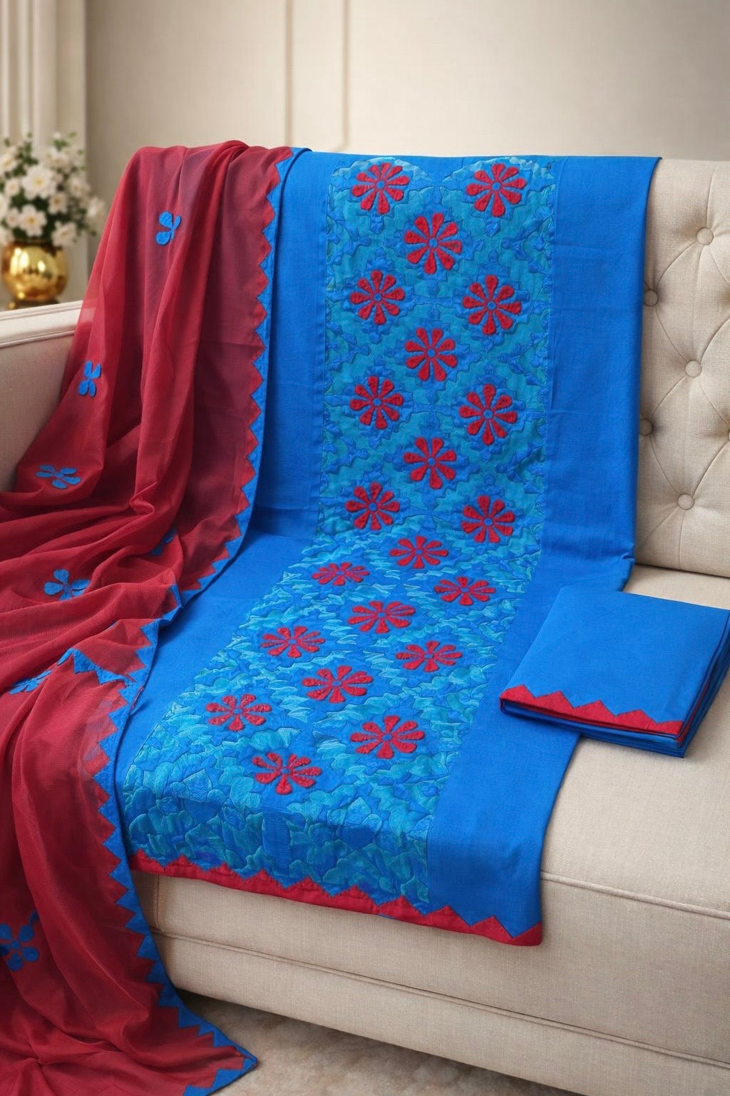 Handcrafted Soft Cotton Applique Work 3-Piece Unstitched Dress with Net Front Panel & Chiffon Dupatta