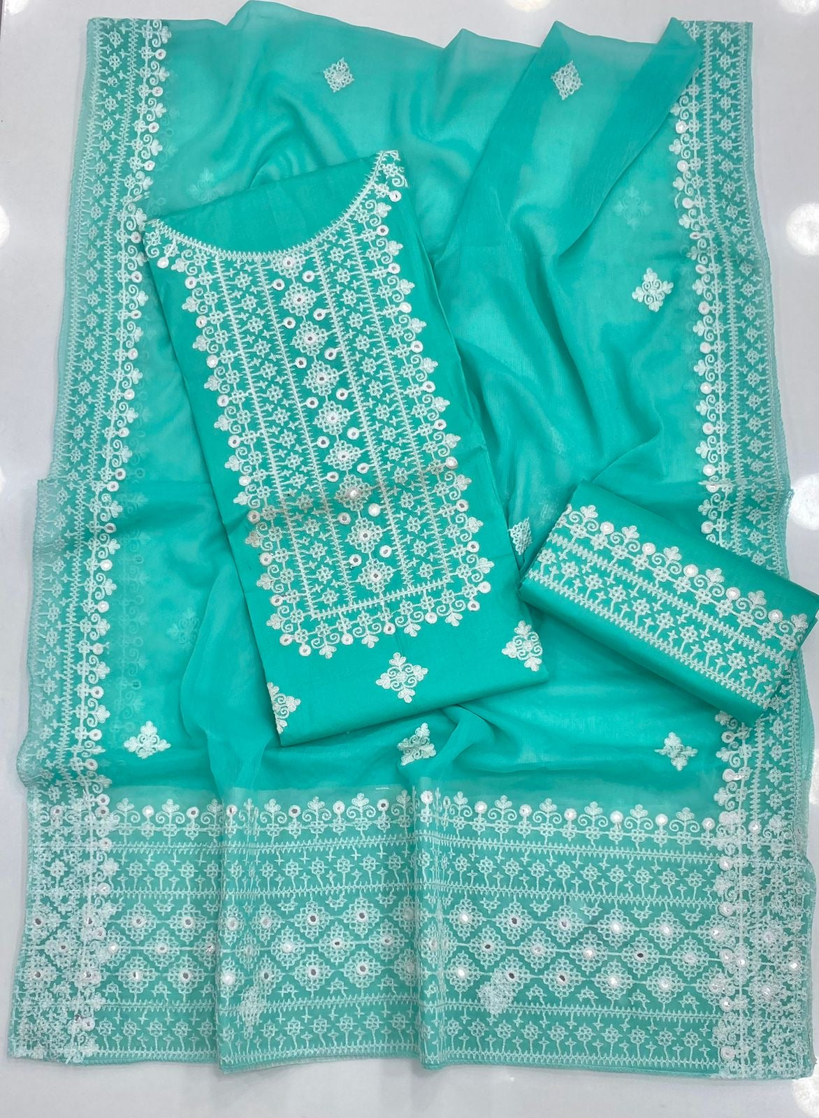 Premium 3PC Ari Hurmuch Foil Work Embroidered Suit – White Contrast