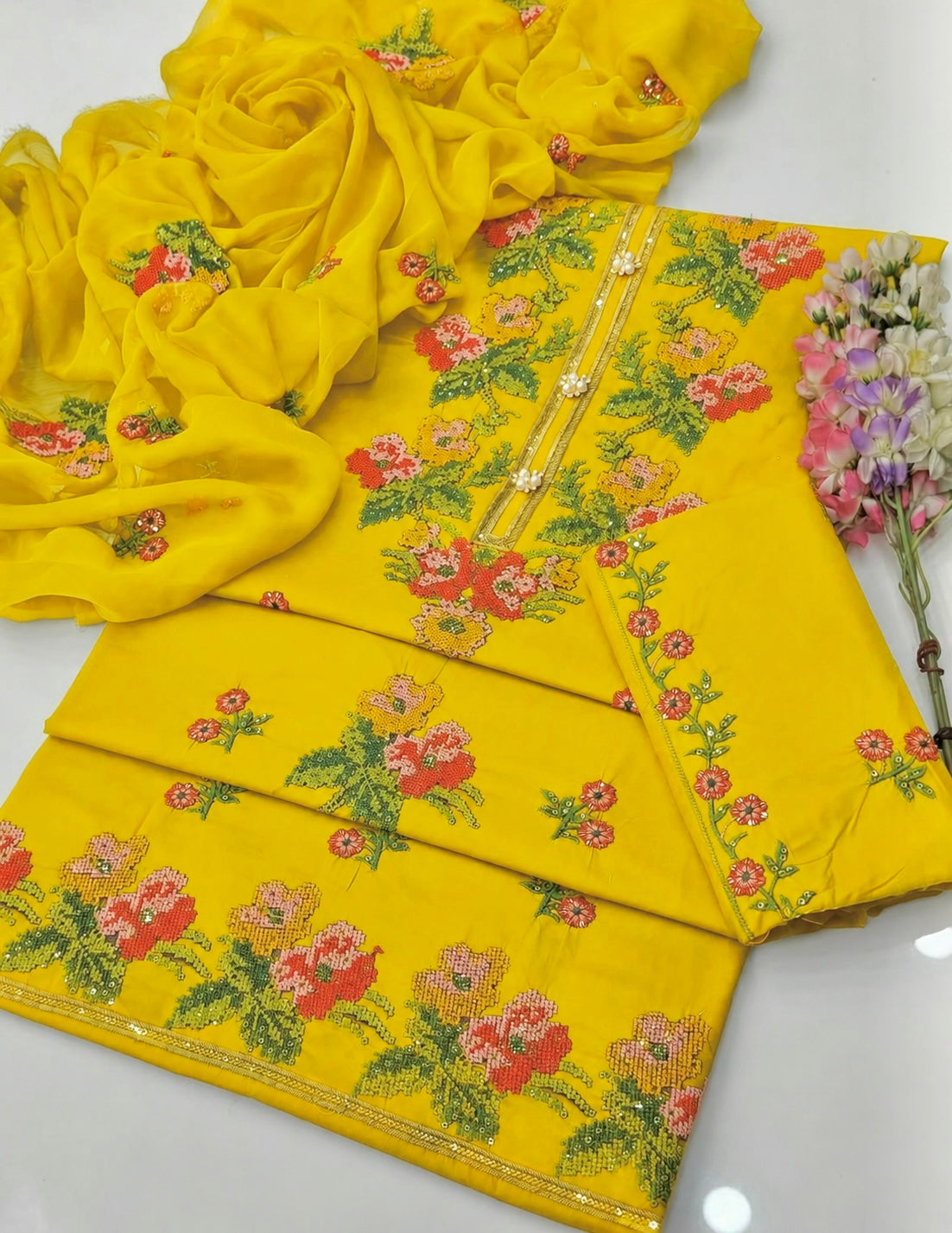 3MM Sequence Sitara Heavy Cross Stitch Multi Floral Embroidery Lawn Cotton with Chiffon Dupatta – 3PC Unstitched Dress 👗
