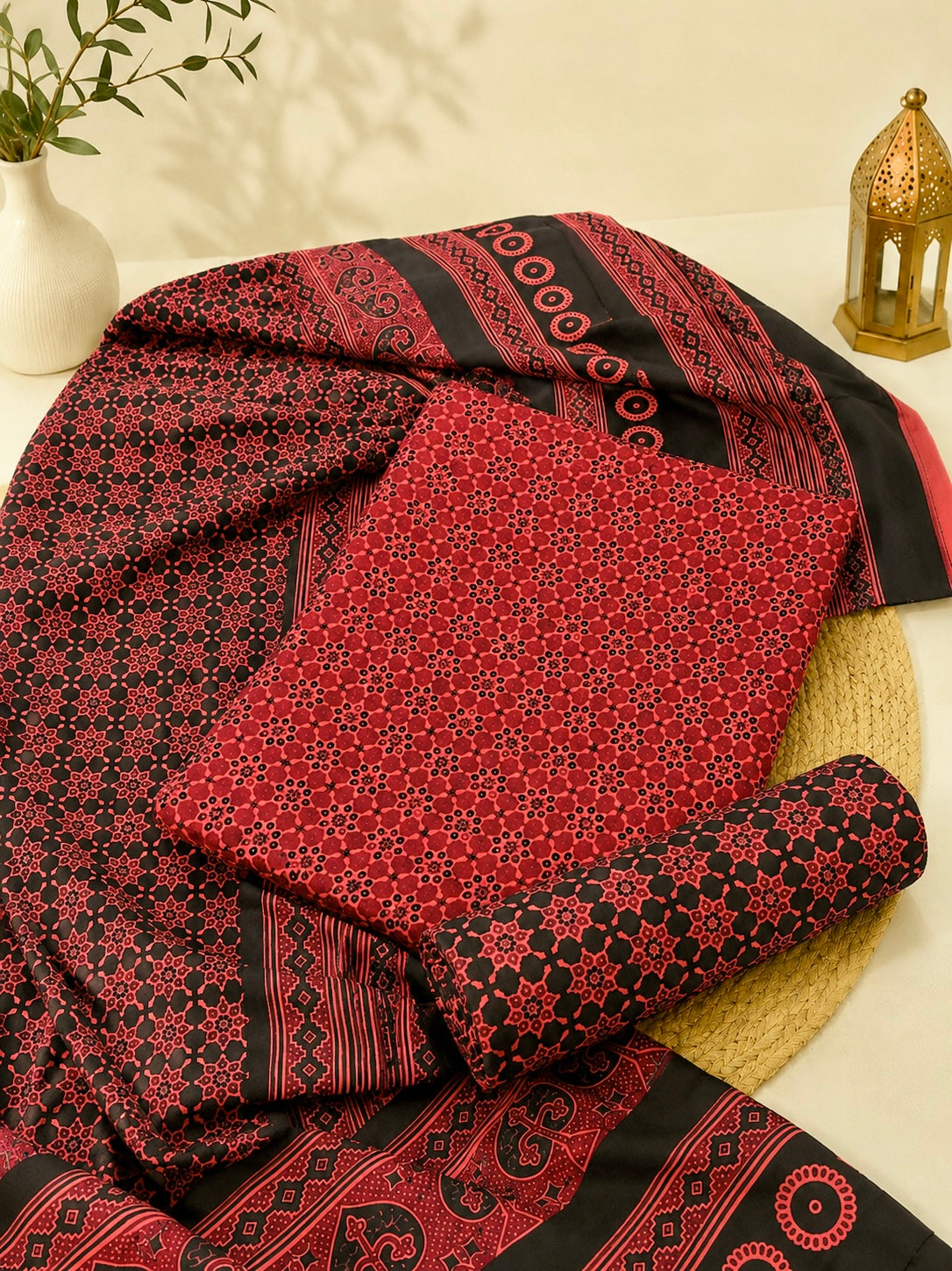 Malir Ajrak Block Print Cotton Fabric - Unstitched 3PC Dress