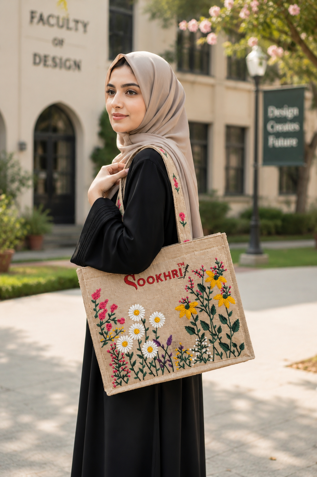 Traditional Jute Fabric Floral Embroidered Hand Bag – Premium Branded Tote Bag with Zip Clouser