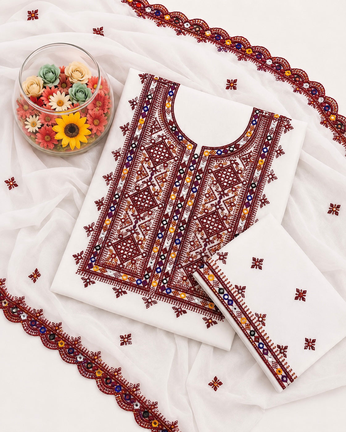 Balochi Thick Thread 9MM Sitara Work Machine Embroidered Soft Cotton with Two Side Cutwork Border Chiffon Dupatta - 3PC Unstitched Dress 👗