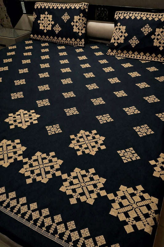 Luxury Cotton King Size Embroidered Bed Sheet Set (With Pillow Covers)