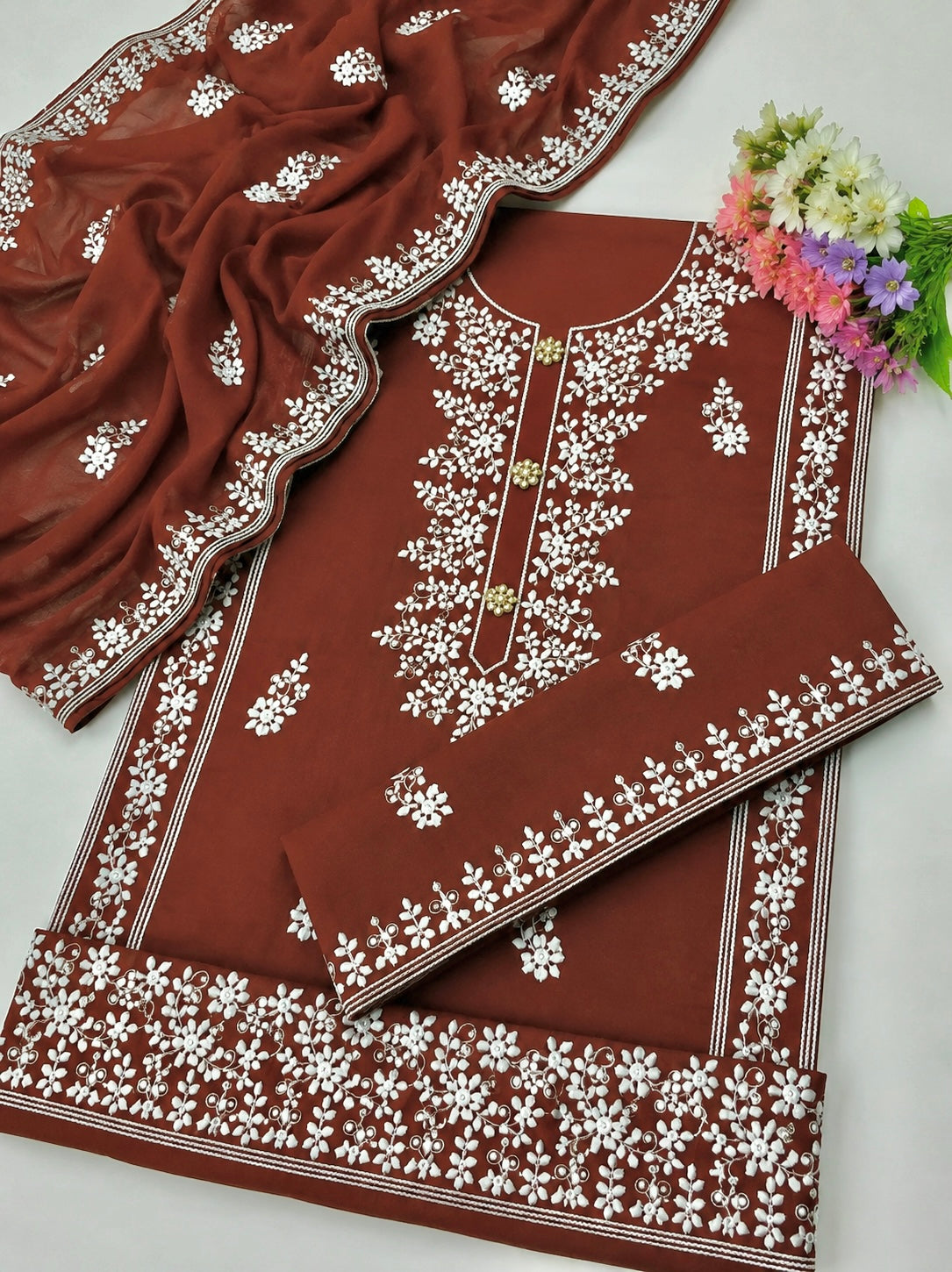 Applic Patti Style Sitara Embroidered Lawn Cotton Shirt & Trouser with Chiffon Embroidered Dupatta - 3PC Unstitch Dress 👗