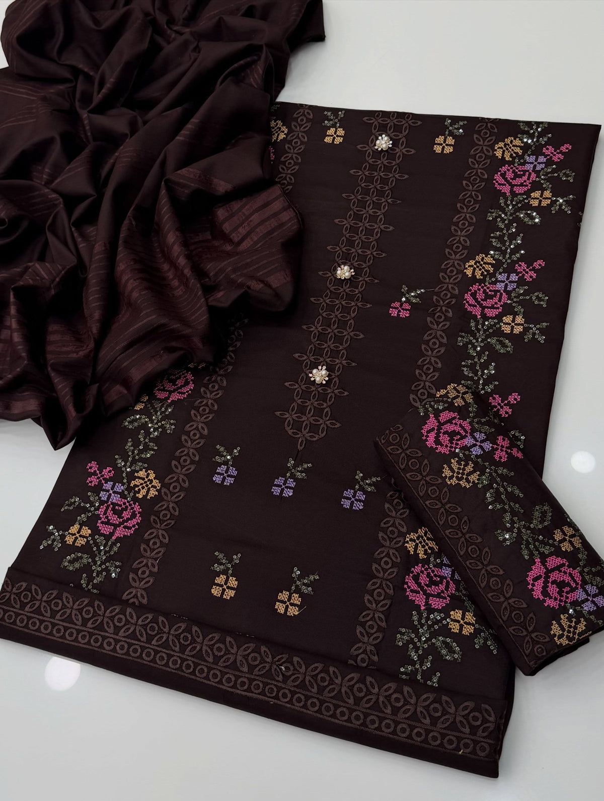 Chikankari Sequence Sitara Cross Stitch Floral Embroidered Dhanak Fabric with Velvet Border Shawl Dupatta | 3PC Unstitch Dress | Winter |