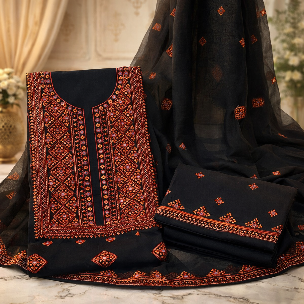 Soft Cotton 3-Piece Balochi Dress | Machine Embroidered Thick Thread & 9MM Sitara Work | Soft Chiffon Dupatta