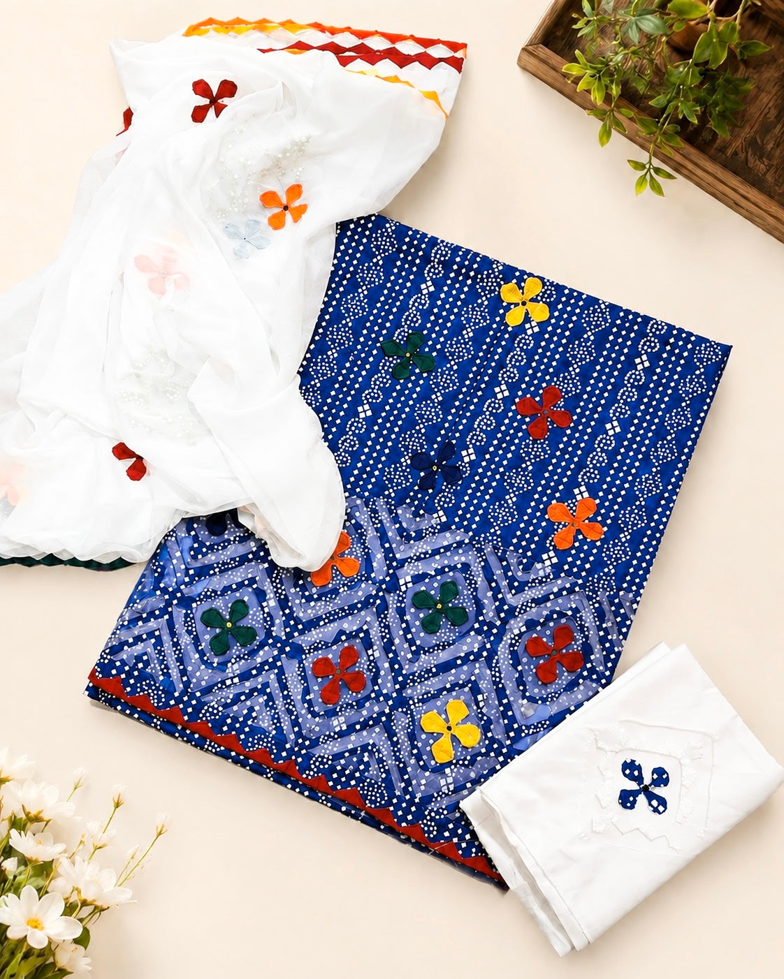 Lawn Cotton Chunri Print Multi Applic Work Handmade with Chiffon Applic Work Dupatta - 3PC Unstitch Dress 👗