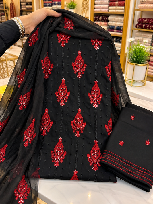 Bouring 3MM Sitara Sequence Work Embroidery Soft Cotton with Chiffon Dupatta - 3PC Unstitch Dress 👗