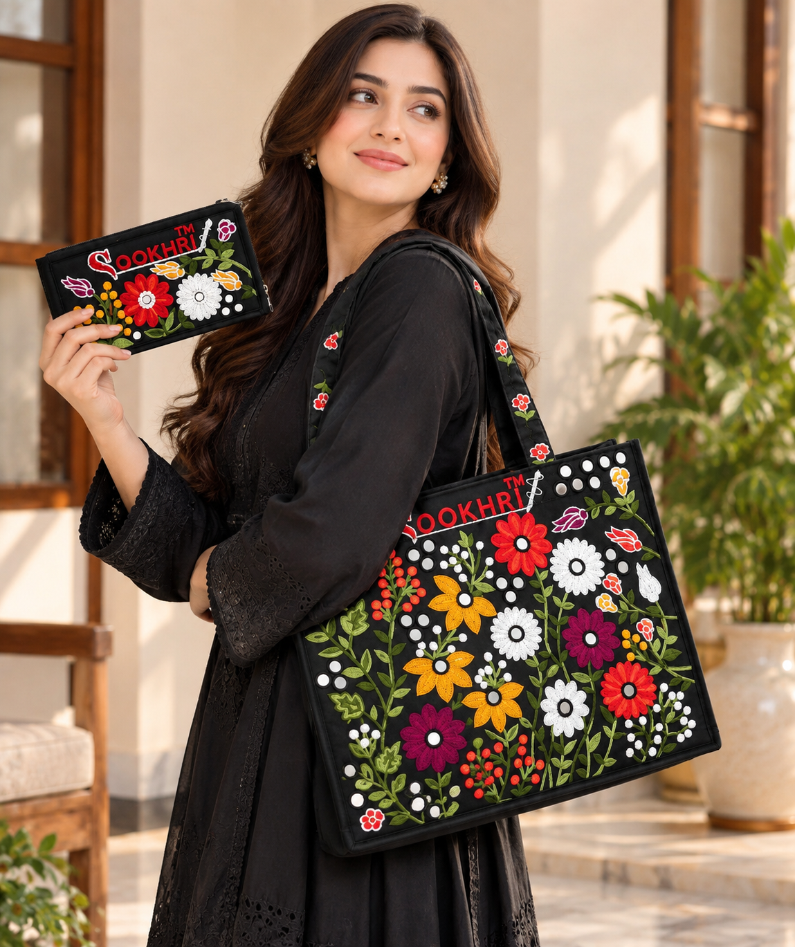 Traditional Multi-Pattern Antique Embroidered Handbag with Matching Clutch