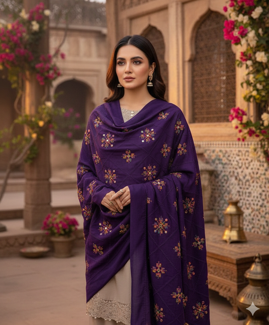 Swiss Lawn Ladies Chadar – 9mm Sitara Canves Computer Embroidery Work with Full Check Jaal Design