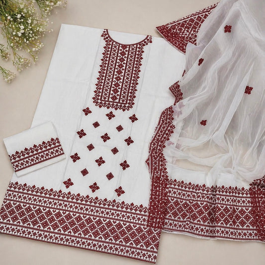 Hurmucha Machine Work & Sitara Foil Detailing Embroidered Lawn Cotton with Chiffon Dupatta – 3PC Unstitch Dress 👗