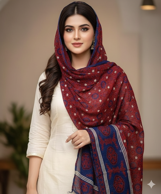 Hand Block Ajrak Printed Soft Chiffon Dupatta – Elegant Traditional Craft
