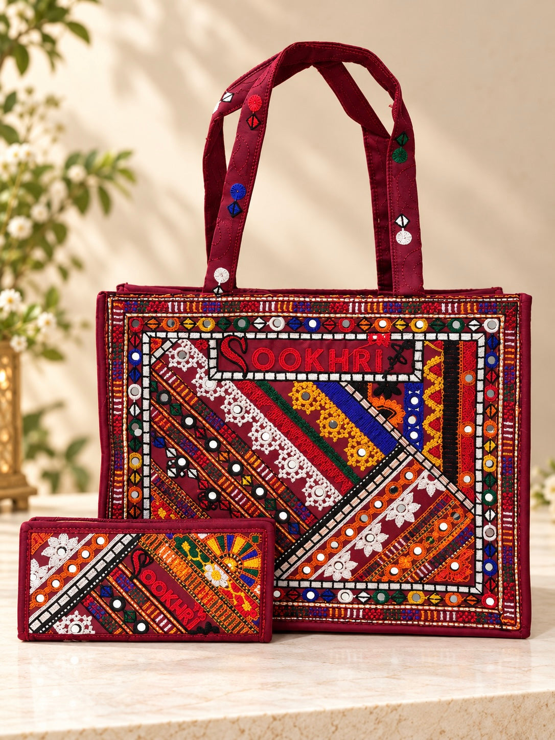 Traditional Multi-Pattern Embroidered Handbag with Matching Clutch – Antique Design