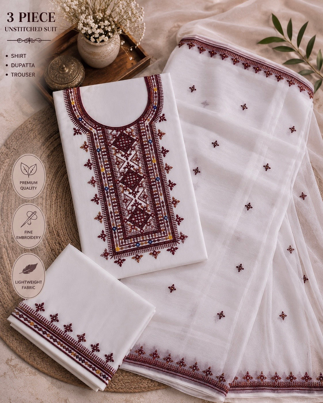 Balochi Thick Thread 9MM Sitara Embroidered Lawn Cotton with Chiffon Dupatta -3PC Unstitch Dress 👗