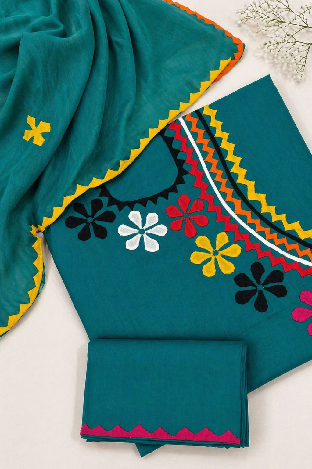 Angrakha Neck Style Multi Applique Work Handmade Lawn Cotton with Chiffon Dupatta - 3PC Unstitch Dress 👗