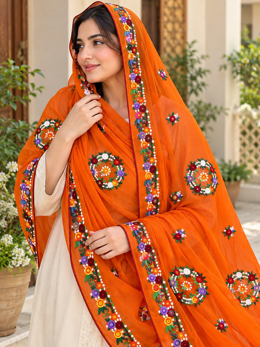 China Krinkle Chiffon Multi Flower Thick Thread Embroidered Ladies Chader