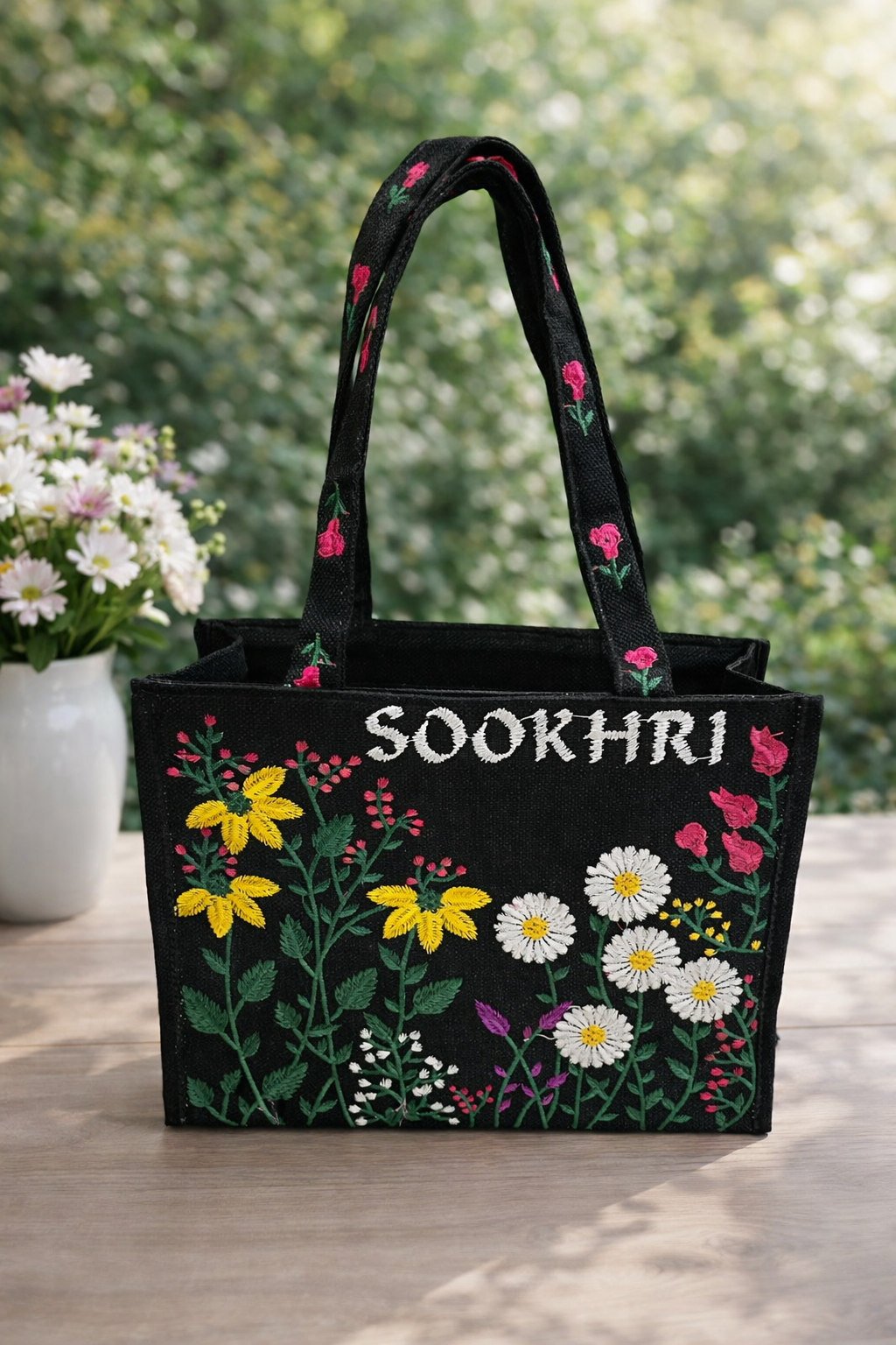 Floral Embroidered Jute Fabric Tote Bag – Medium Size