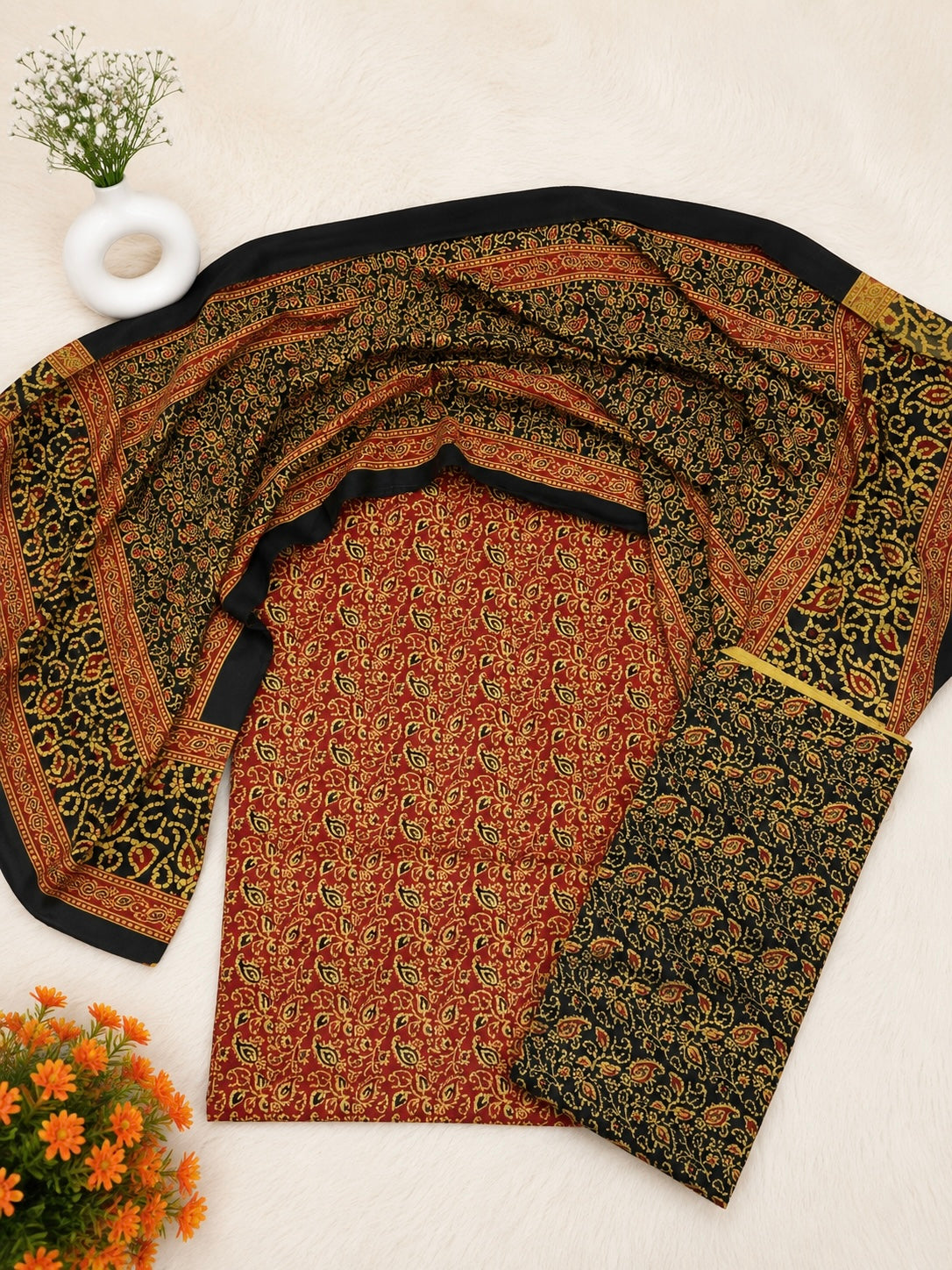 Malir Ajrak Block Print Cotton Fabric - Unstitched 3PC Dress